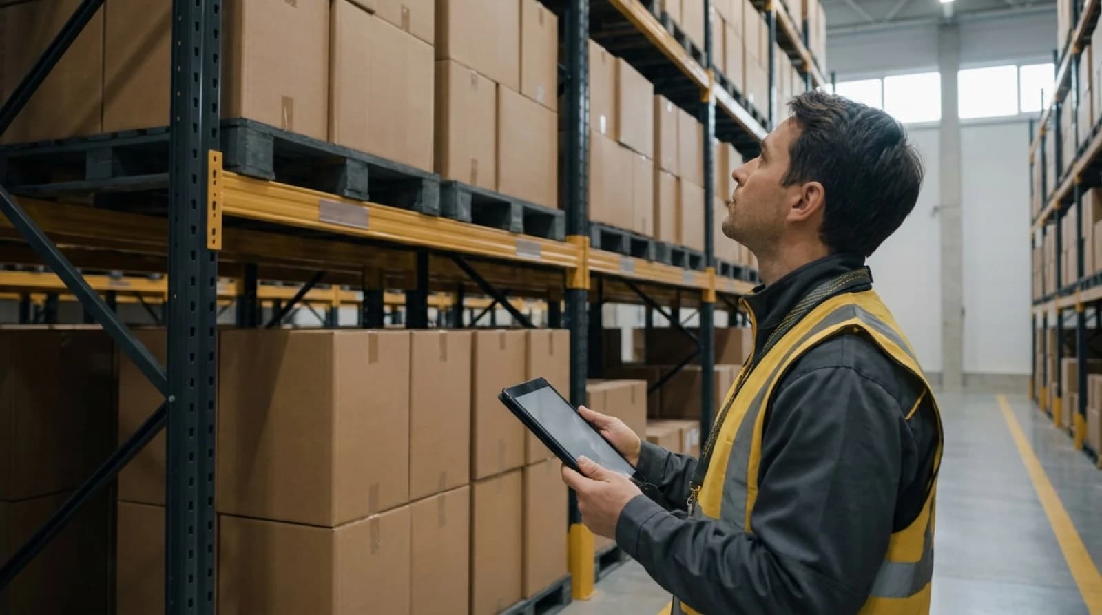 Inventory Management - warehouse shelves and man with clipboard