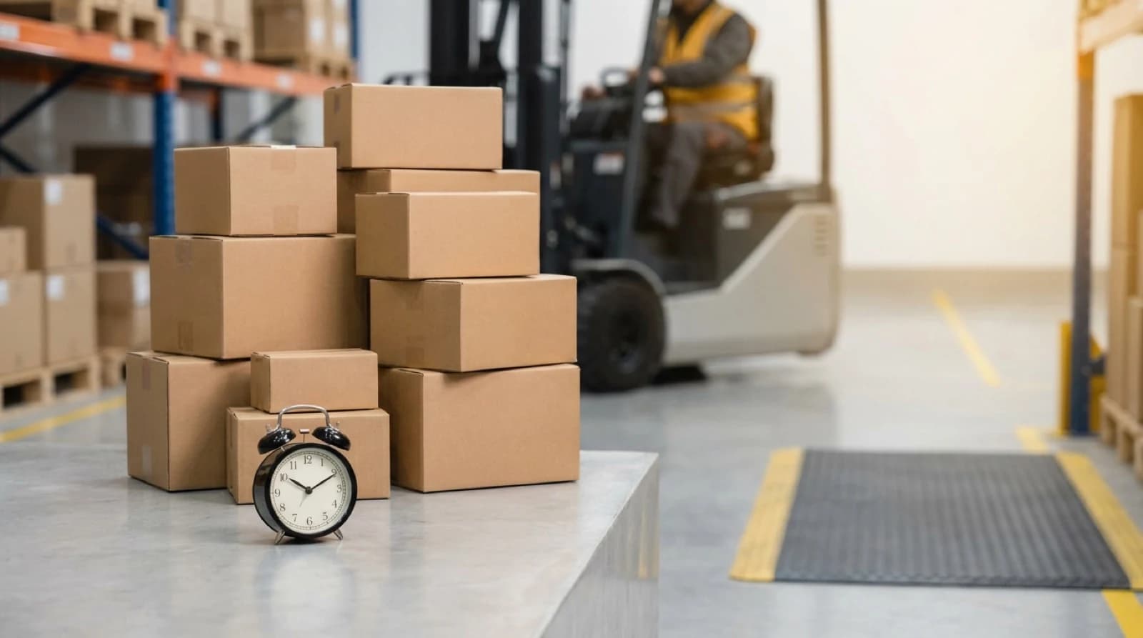 alarm clock next to a pile of boxes