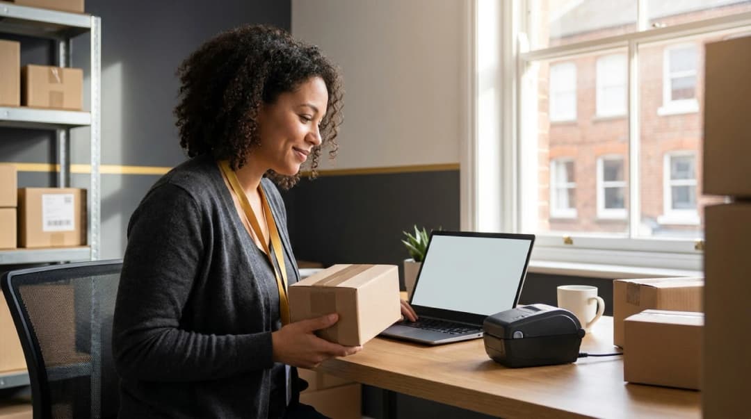 Woman managing warehouse shipments with laptop and packages for WMS inventory control