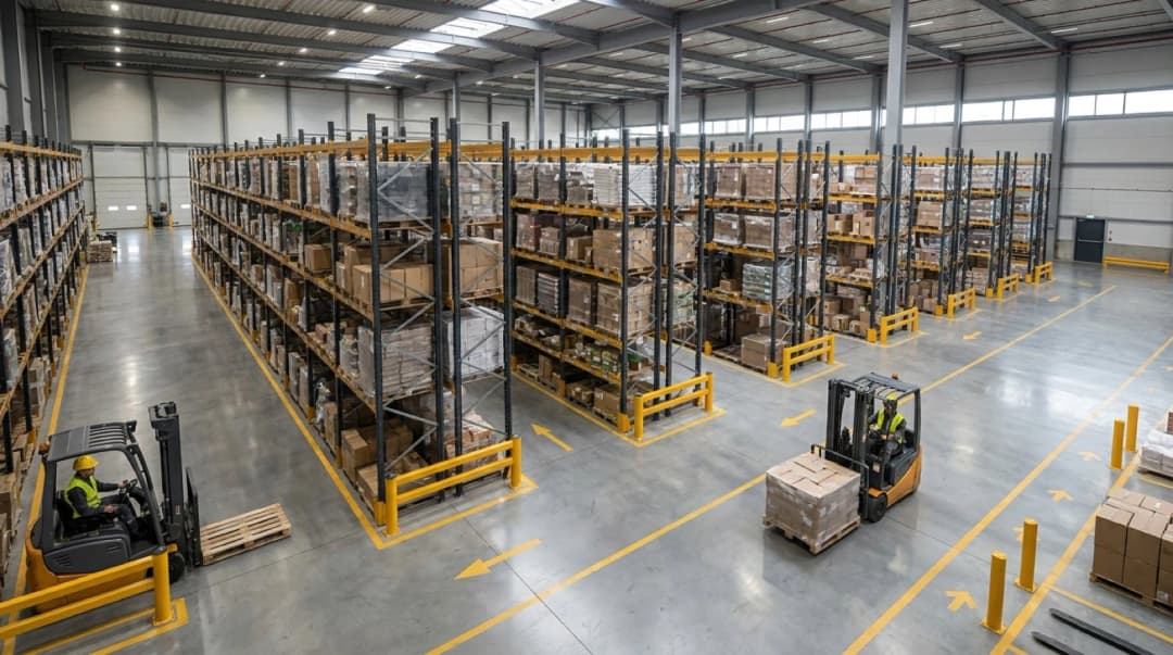 Modern warehouse facility with automated storage systems, forklifts, and delivery trucks in isometric view