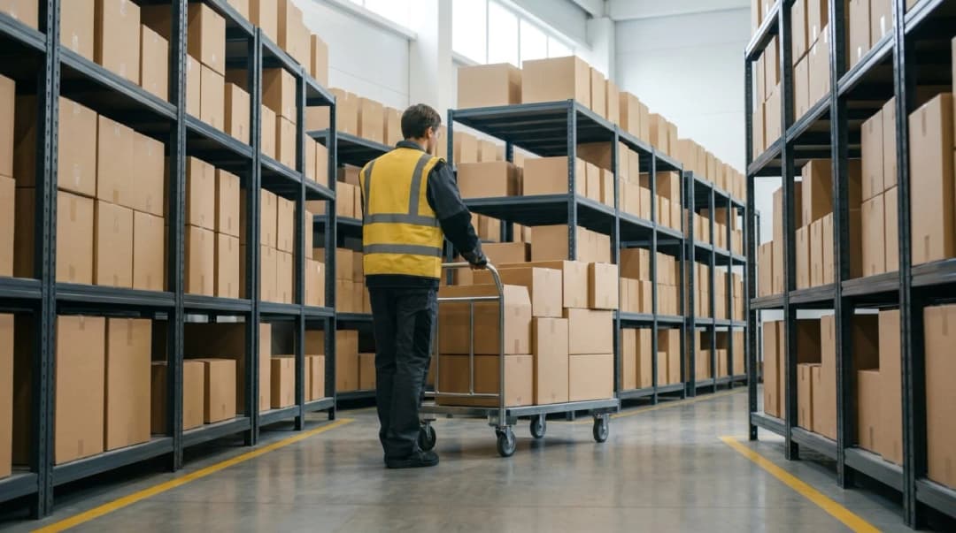Modern warehouse with multi-level shelving systems storing eCommerce inventory for order picking