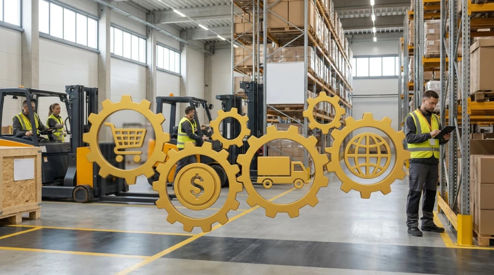 Blue gear icons representing ecommerce supply chain components including laptop, payment, shipping and logistics