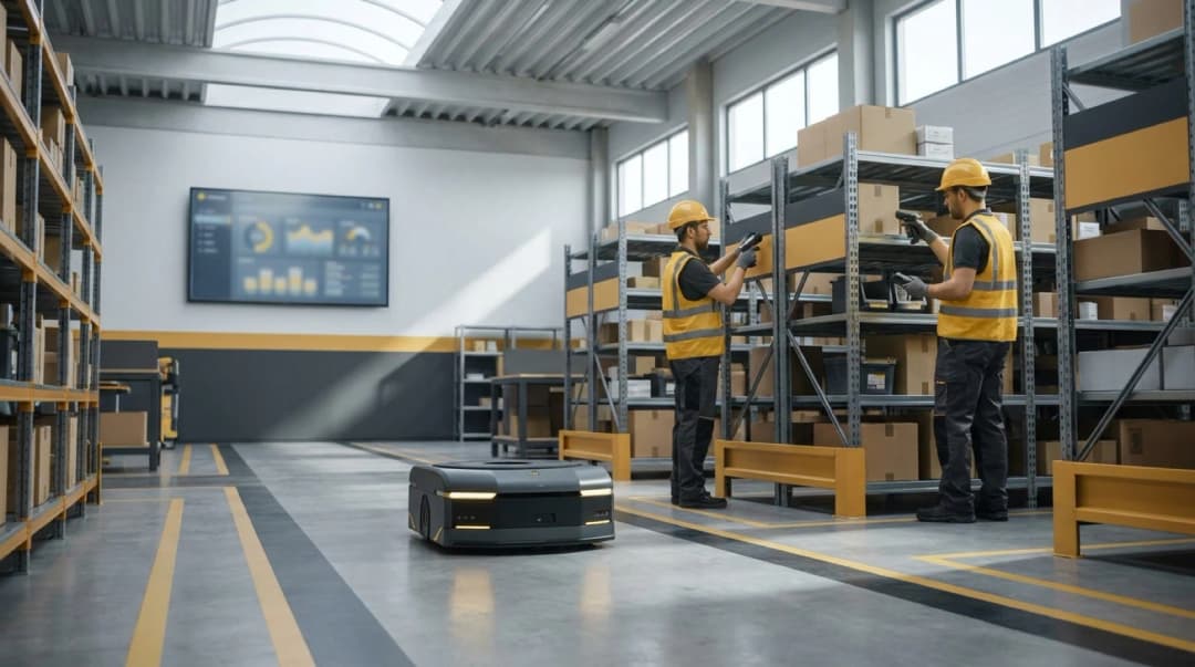 Modern warehouse with organized shelving systems and inventory management for WMS software implementation