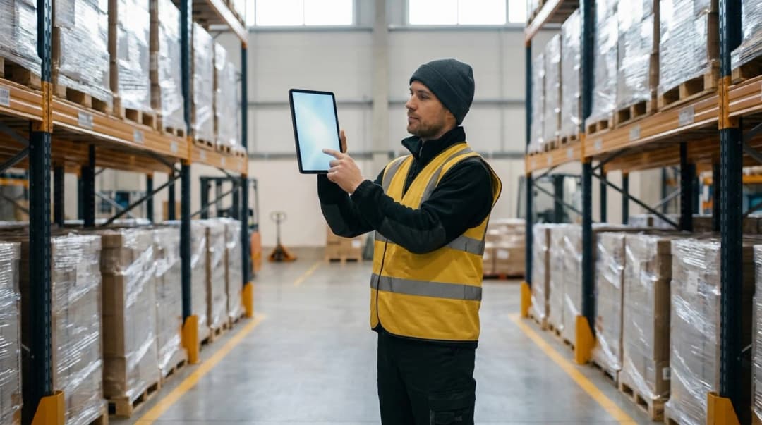 Warehouse management system decision - warehouse aisle with inventory shelving and WMS text overlay