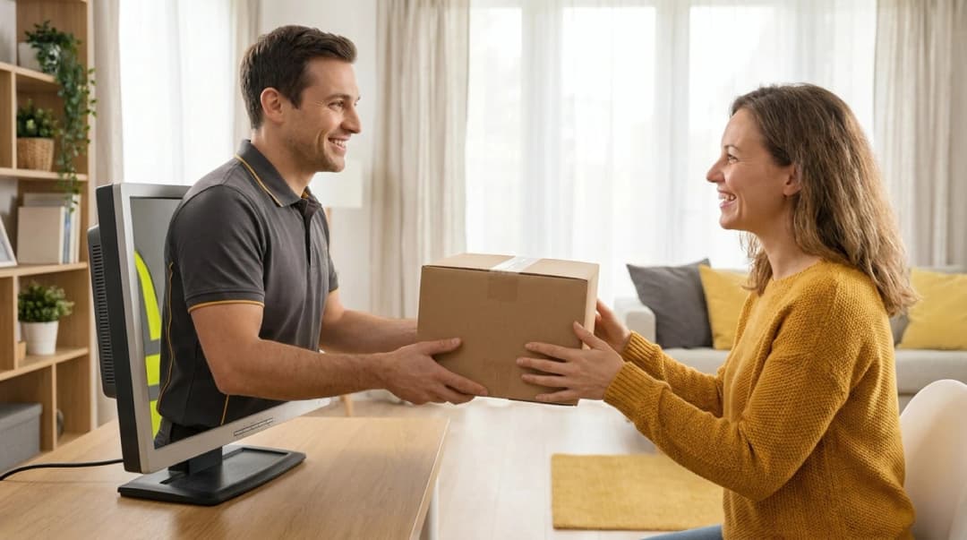 Delivery worker extending package from computer screen while customer holds payment cash