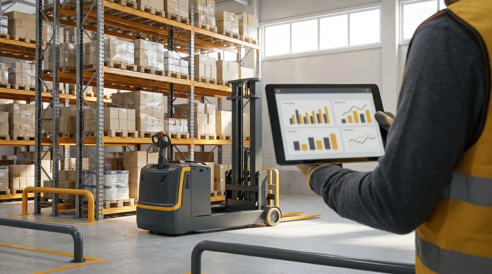 Warehouse management system flowchart showing inbound, storage, order picking, packing and outbound processes