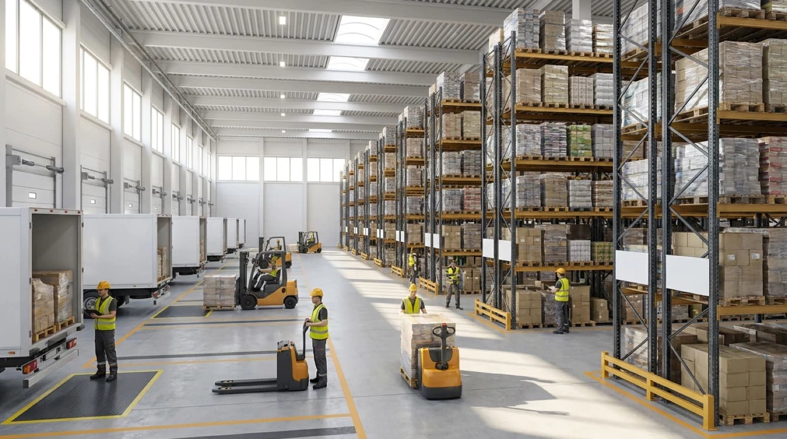 showing warehouse actions: trucks, warehouses, shelving, forklift