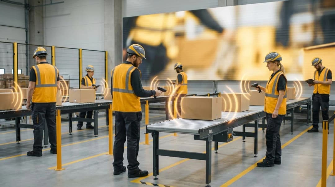 Modern warehouse with RFID technology icon showing wireless connectivity and package tracking