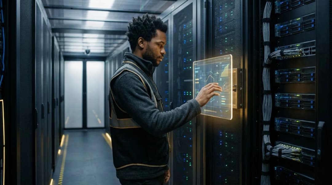 Modern data center server racks with LED lighting for IT system hosting services