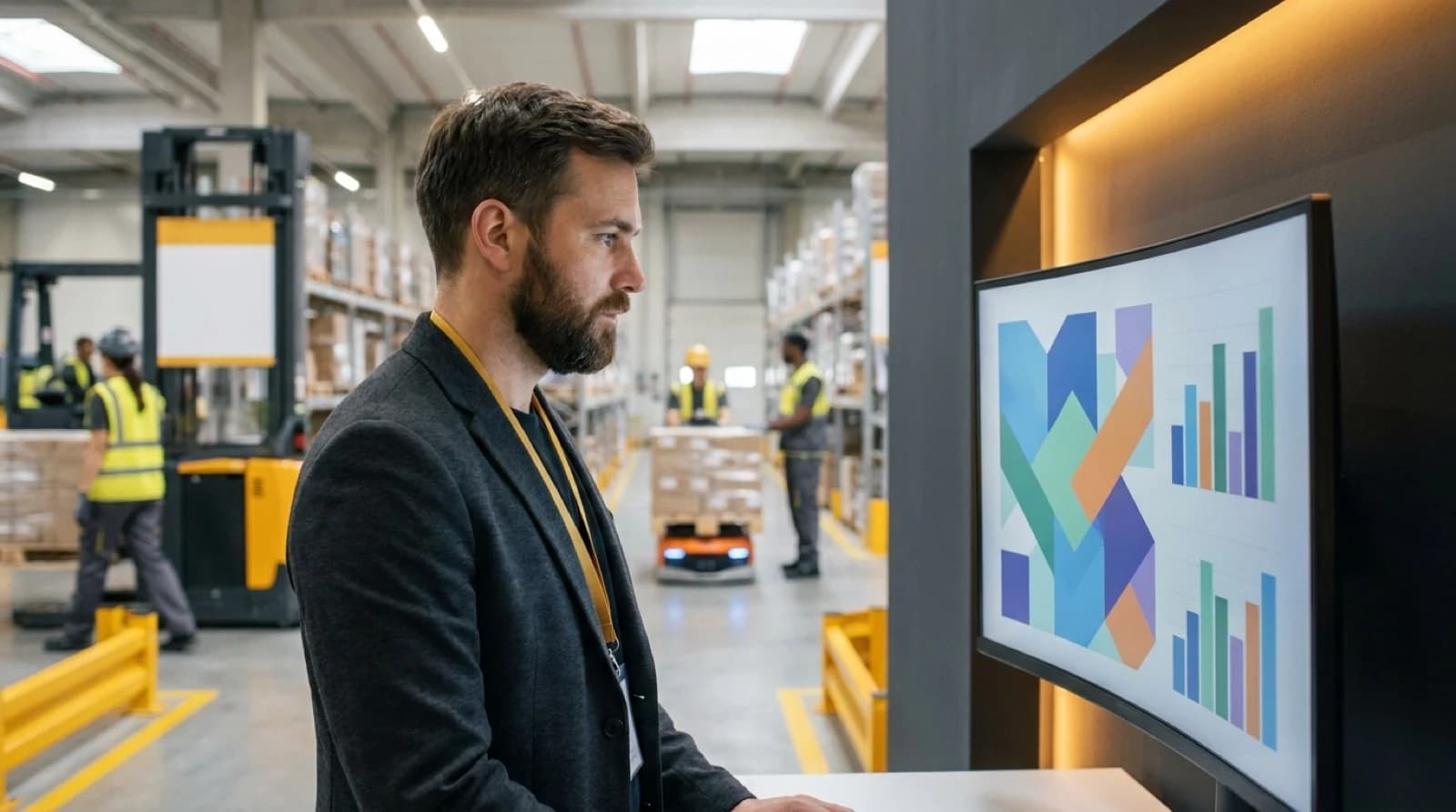 KPIs and a wood block with a screen icon showing charts and graphs