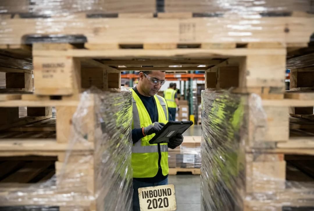 Male warehouse worker in blue shirt checking smartphone in storage facility