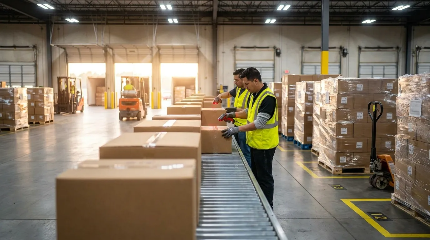 Case picking, batch picking: workers scanning cases at receiving dock