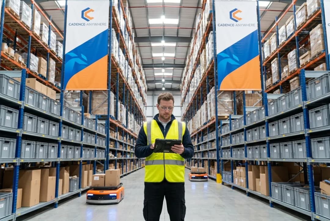 warehouse worker holding a tablet running Cadence Anywhere