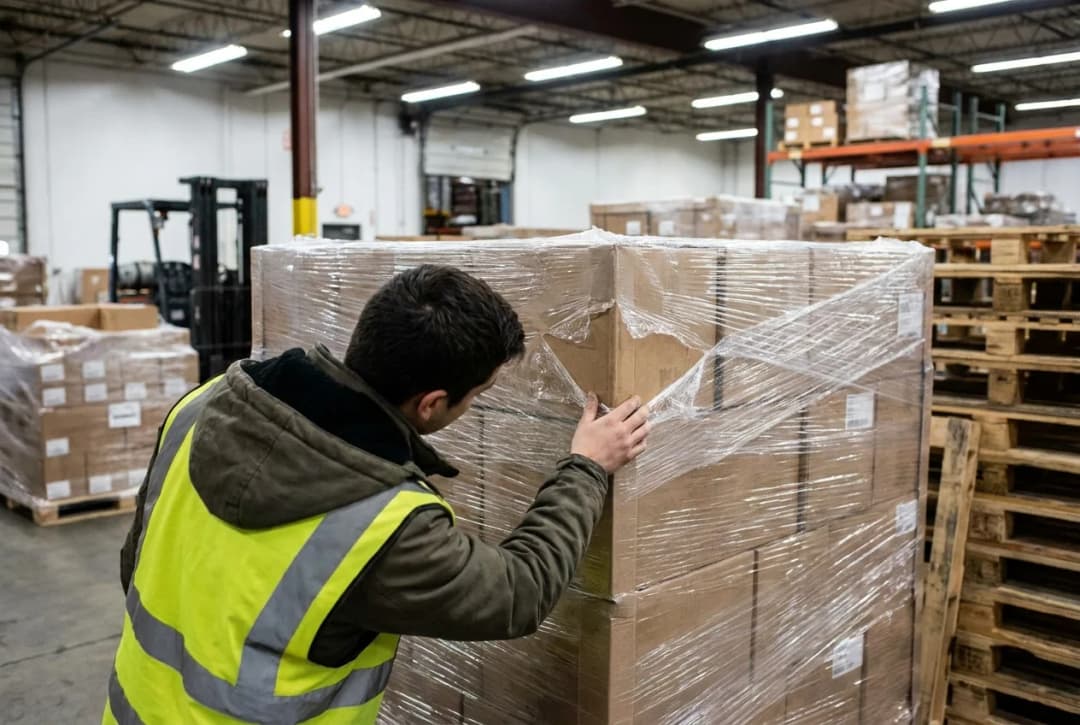 Warehouse worker in white hard hat inspecting inventory on storage shelves