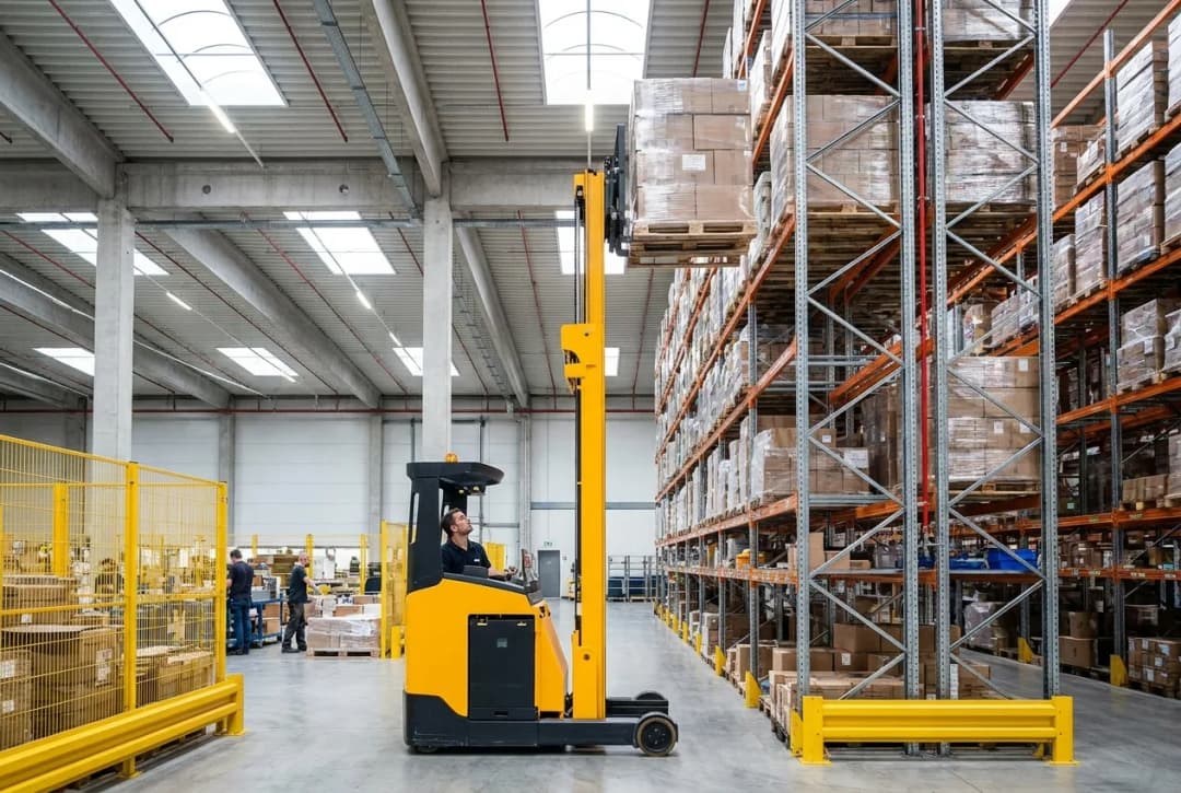 Large warehouse interior with orange forklift, pallet racking systems and inventory storage