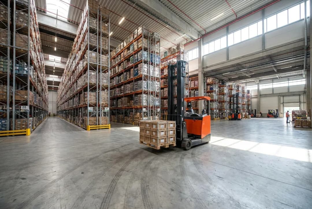 Large concrete warehouse with tall shelving units storing pallets and orange forklifts