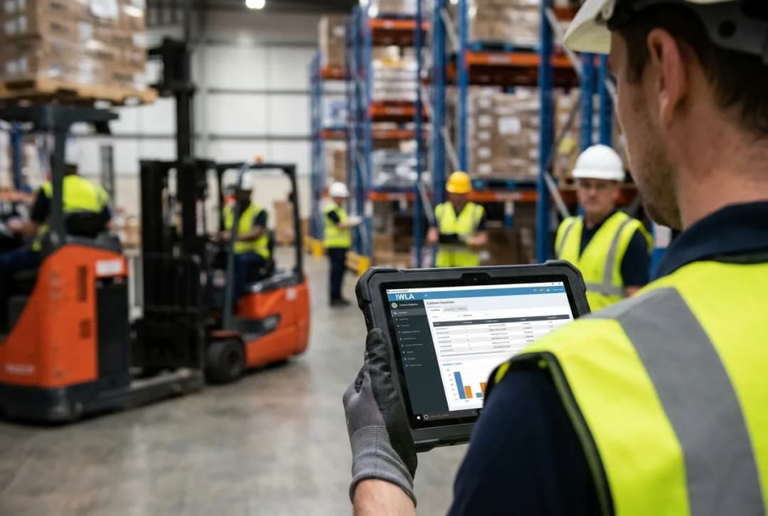 warehouse worker looking at Cadence Anywhere on a tablet