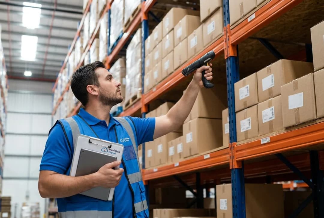 Warehouse worker using mobile device and clipboard to check inventory on shelves