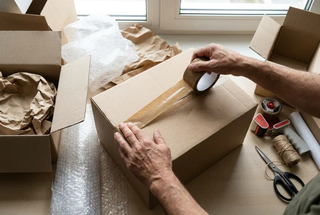 Person sealing cardboard boxes with packing tape for shipping or moving