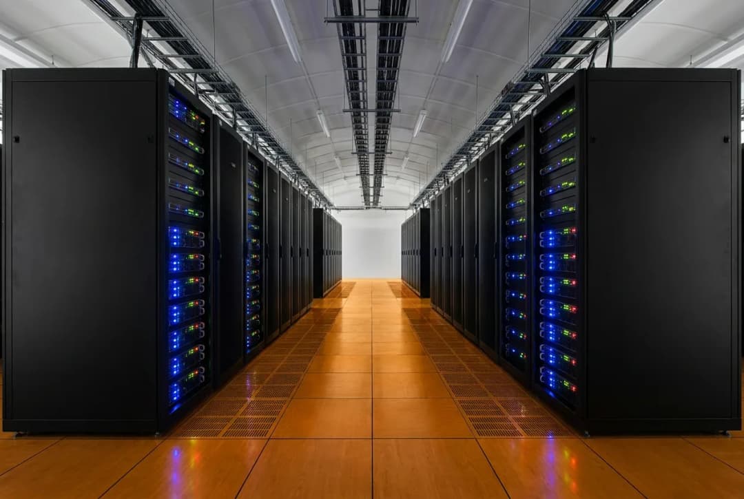 Modern data center server racks with LED lighting for IT system hosting services