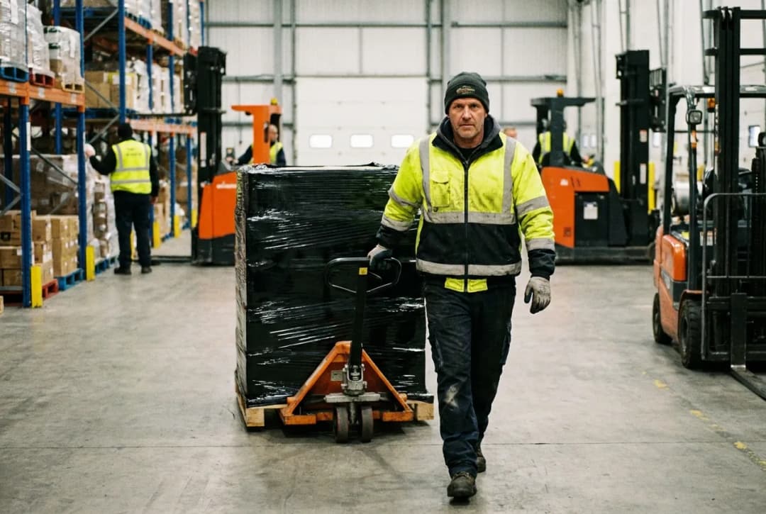Warehouse worker in safety vest pulling pallet jack with boxes in distribution center