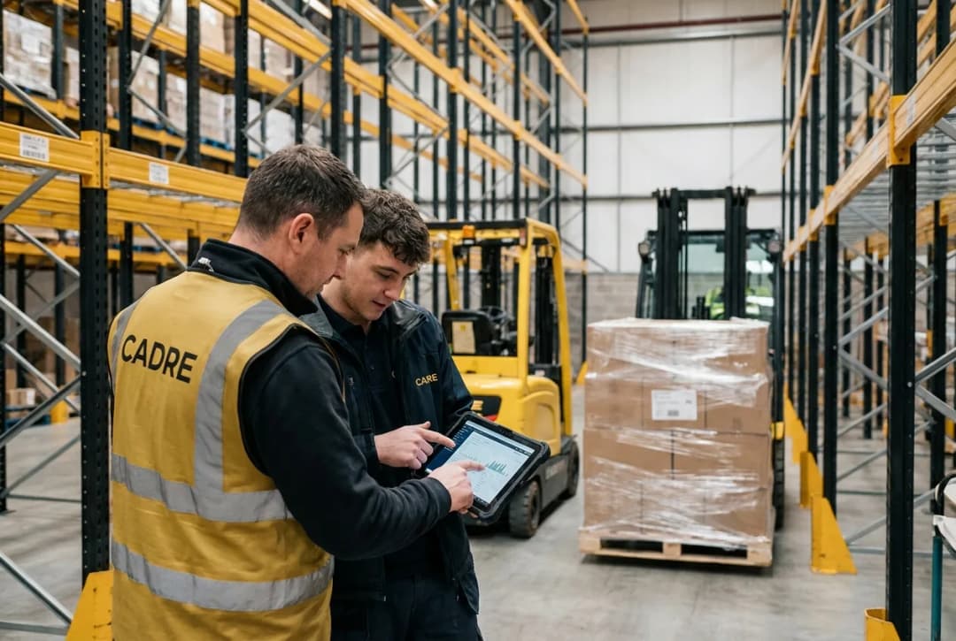 2 warehouse workers looking at a tablet and behind them something moving a pallet on a forklift