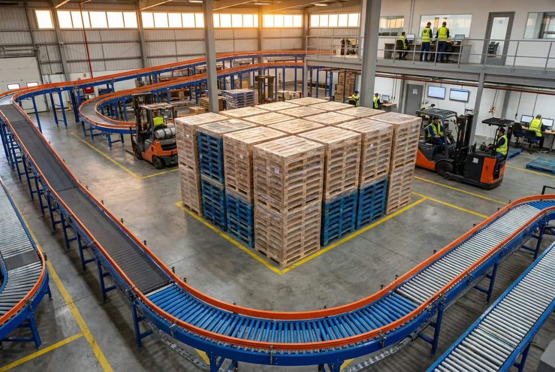 Modern industrial warehouse facility with conveyor systems and stacked wooden pallets