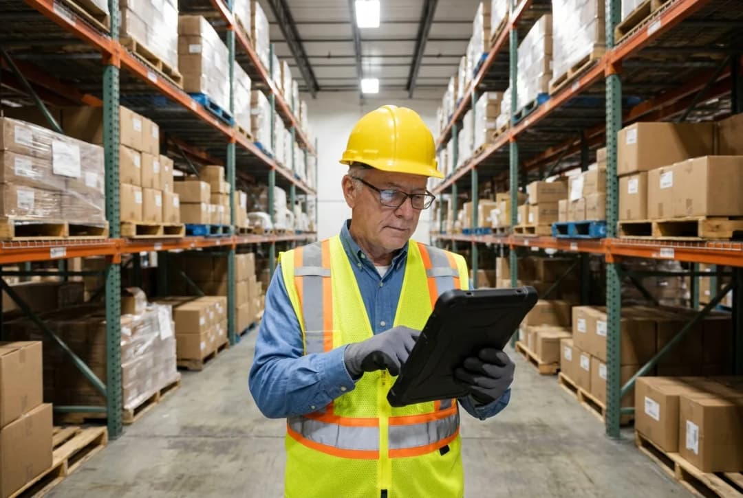 Male warehouse worker in safety vest using tablet in distribution center