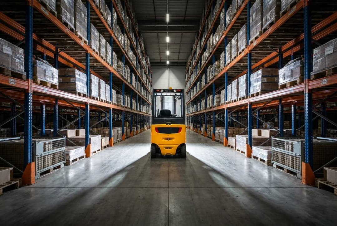 Large warehouse interior with stacked boxes on shelving and yellow forklift in aisle