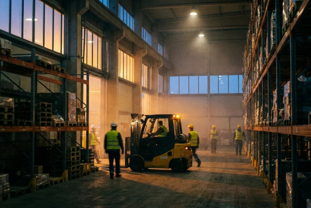 Modern warehouse interior with forklift, storage shelves, and stacked cardboard boxes
