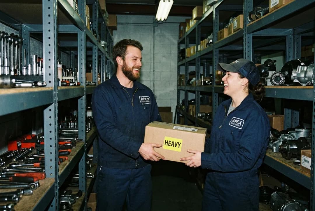 Two warehouse workers in red uniforms organizing inventory on metal shelving