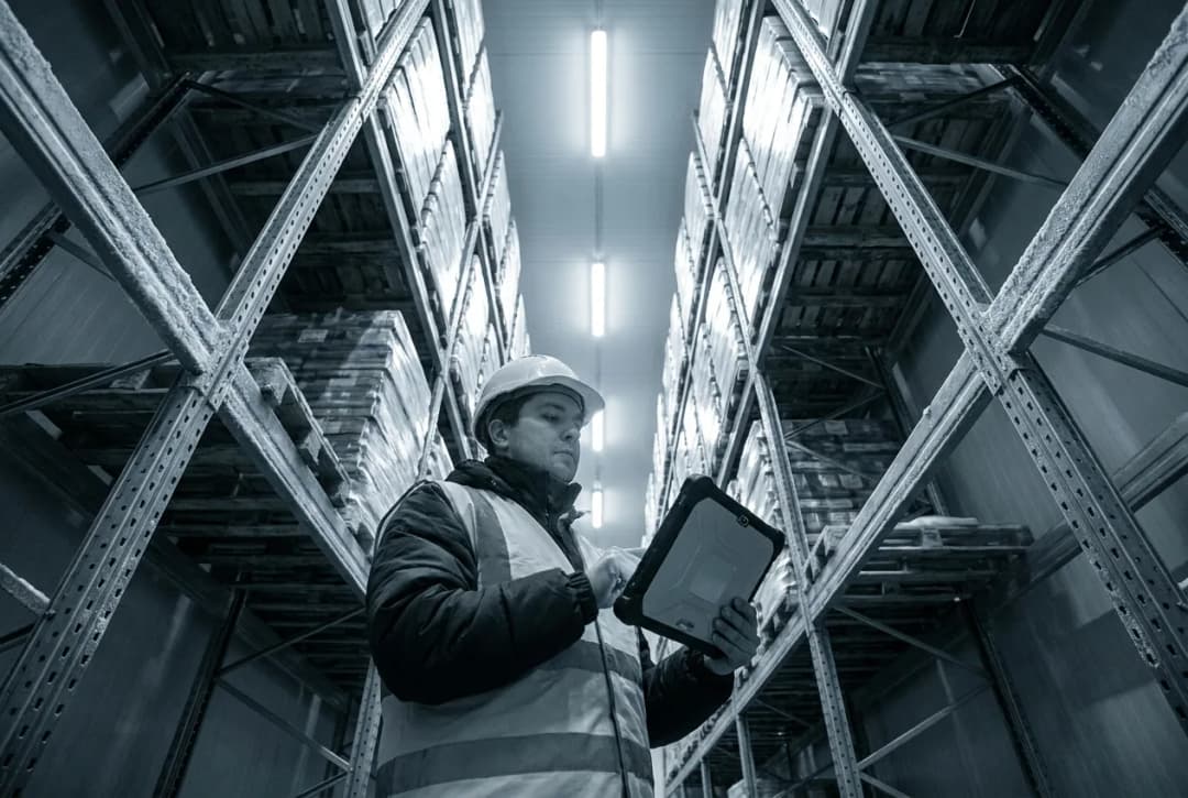 Warehouse worker in hard hat and safety vest using tablet for inventory management