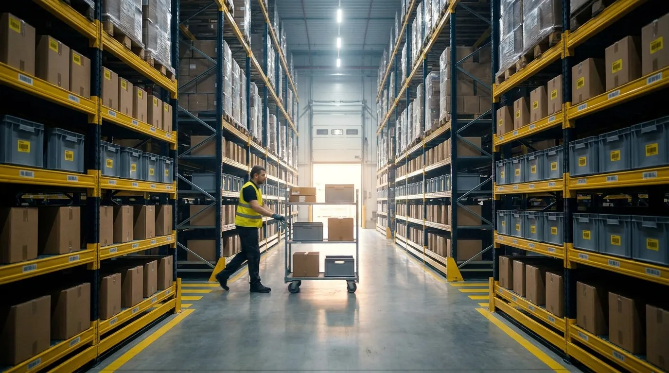 Organized warehouse aisle showing everyday warehouse operations and picking