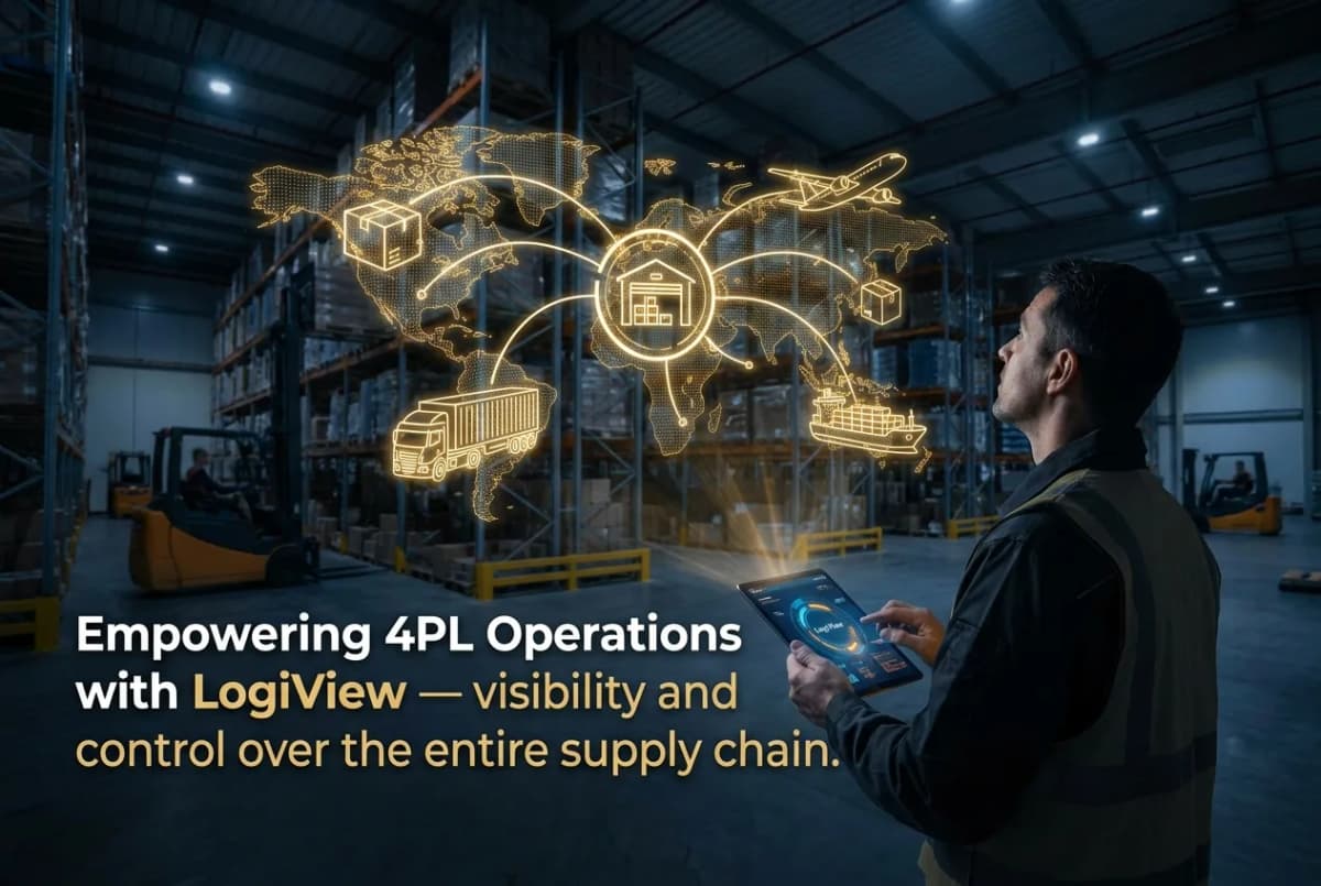 Businessman using tablet with global supply chain network overlay in warehouse