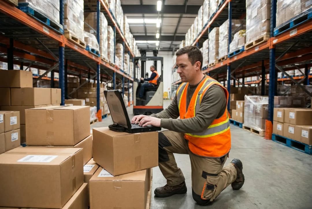 Male warehouse worker in uniform using laptop computer in distribution center