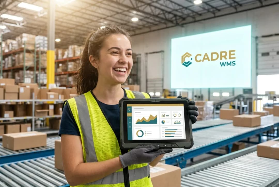 Female warehouse worker in safety vest using smartphone and tablet in distribution center