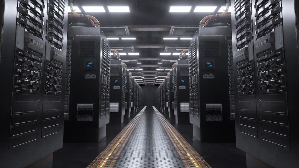 Modern data center server racks with LED lighting for IT system hosting services