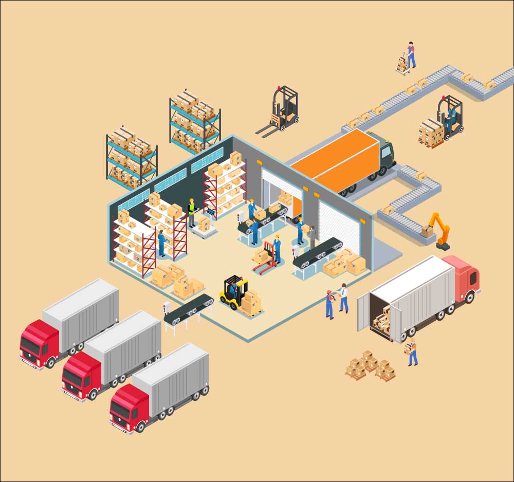 Isometric warehouse logistics illustration showing trucks, forklifts, conveyor belts and workers managing inventory