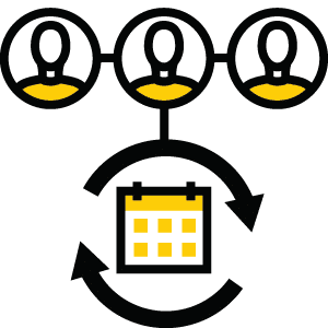 3 people icons with a arrow to a calendar and arrows representing automation