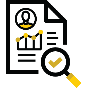 piece of paper with a person, charts, and checkmark with a magnifying glass
