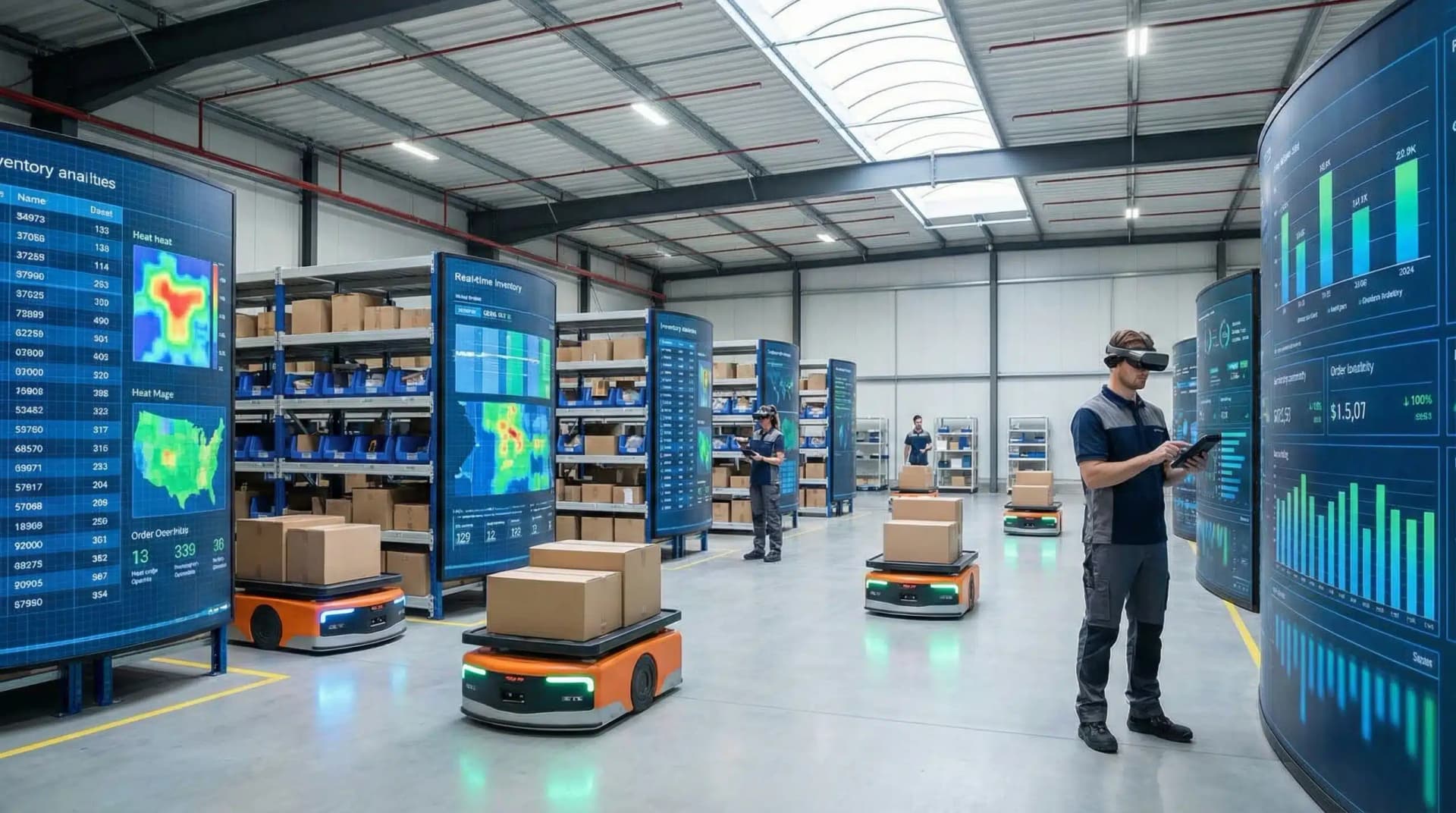 Robotic carts and workers manage inventory in a bustling on-demand warehousing facility with glowing digital displays.