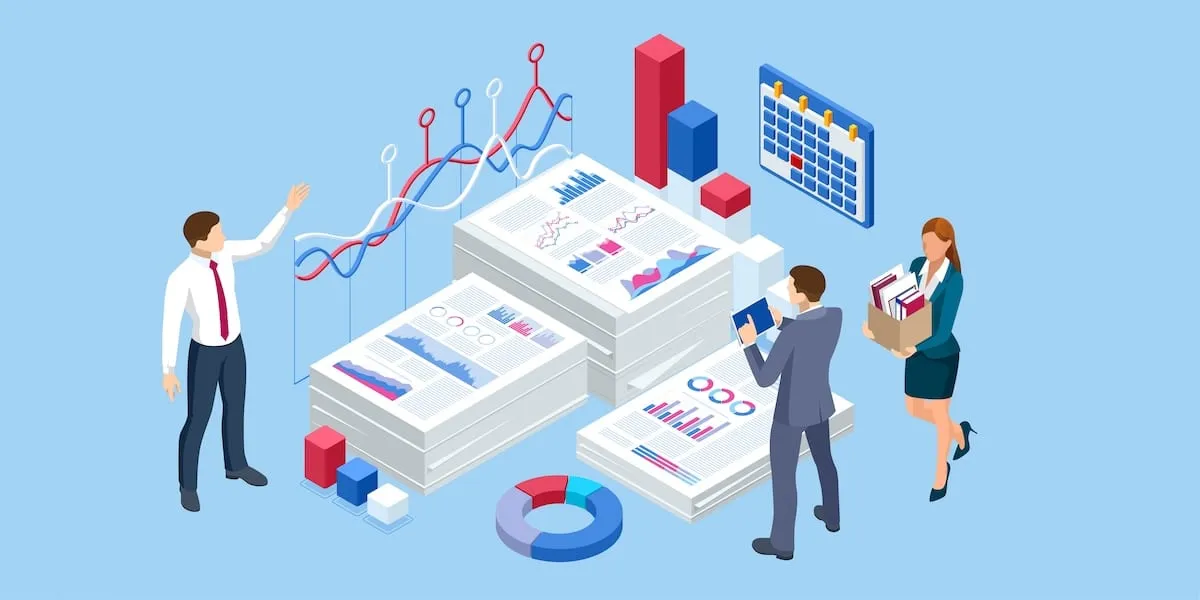 Business professionals analyzing supply chain KPI charts, graphs and performance data