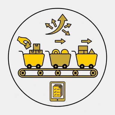 Warehouse pick and pass process icon with conveyor belt and sorting system