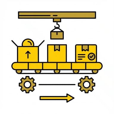 Yellow warehouse automation icon showing conveyor belt with packages and overhead crane system
