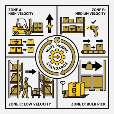 Wave picking warehouse management system workflow diagram with four operational zones