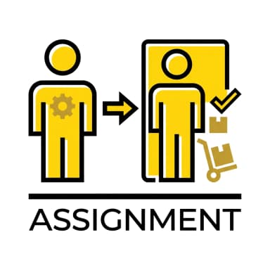 Yellow assignment icon showing worker with gear transitioning to completed task with checkmark