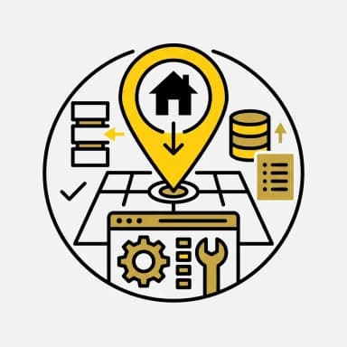 Warehouse management system icon with location pin, house symbol, database and tools