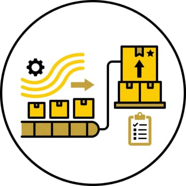 Warehouse management system wave picking process icon with conveyor belt and stacked boxes