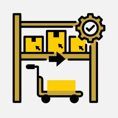 Warehouse management system icon showing wave picking process with shelves, cart and gear