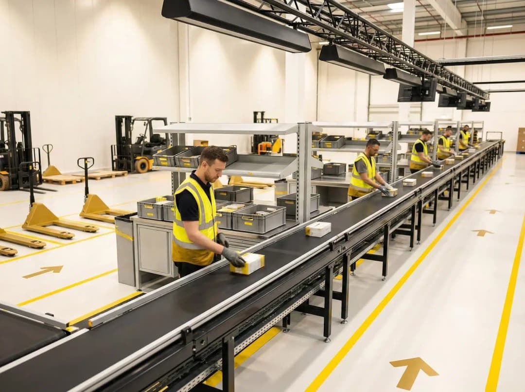 Workers in high-visibility vests operating wave picking conveyor system in modern warehouse